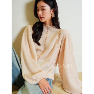 Moss烨 现货〓绒+〓100山羊绒 宫廷风勾花镂空灯笼袖羊绒毛衣