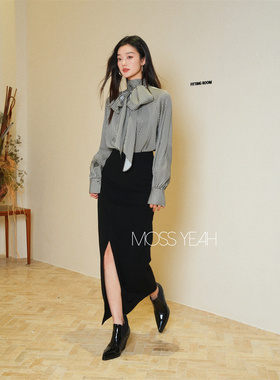 Moss烨 现货〓设计师〓黑色交叉腰头 后开叉三醋酸铅笔裙