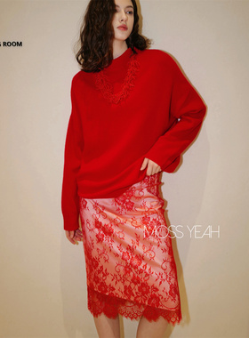 Moss烨〓设计师〓两色 复古拼皮松紧腰 蕾丝半身裙