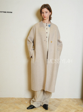 Moss烨〓设计师〓现货 燕麦色双面羊毛羊绒 一粒扣系带毛呢大衣