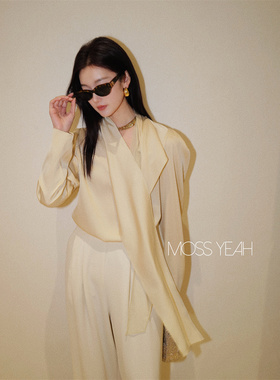 Moss烨 现货〓设计师〓杏色缎面桑蚕丝 泡泡袖亮丝飘带衬衫