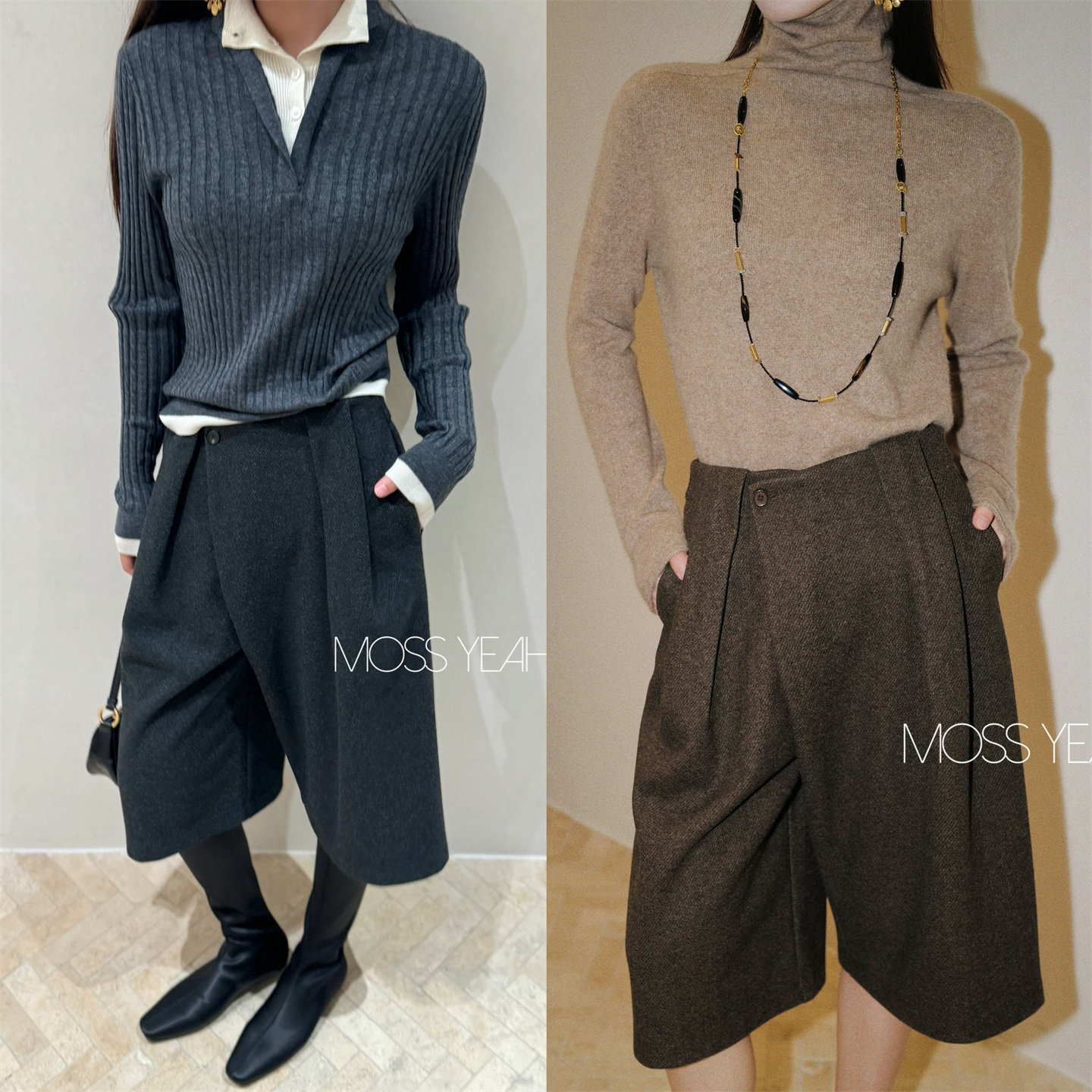 Moss烨 两色 立体压褶斜扣造型 A字毛呢七分裤中裤