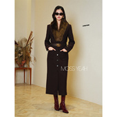 Moss烨 连衣裙附腰带 复古气质深咖排扣西装 1OO羊毛 可拆卸毛领