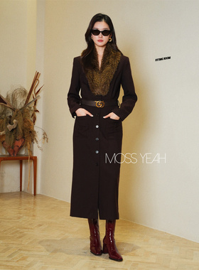 Moss烨 1OO羊毛 可拆卸毛领 复古气质深咖排扣西装连衣裙附腰带