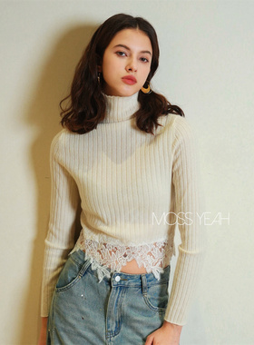 Moss烨〓绒+〓1OO山羊绒 下摆蕾丝拼接 高领坑条高腰羊绒毛衣