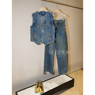 Moss烨 水钻钉珠 立体剪裁水洗做旧浅蓝阔腿牛仔裤 设计师