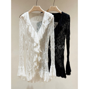 立体荷叶边喇叭袖 Moss烨 设计师 两色 高弹蕾丝衬衫