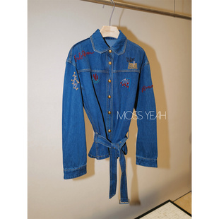 Moss烨 〓设计师〓彩色钉珠 深蓝系带牛仔衬衫外套c