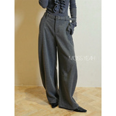 Moss烨现货 灰色绒面磨毛立体弯刀卫裤 附腰带