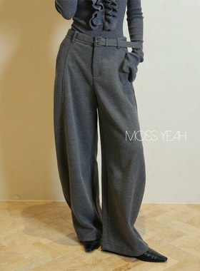Moss烨现货 灰色绒面磨毛立体弯刀卫裤附腰带
