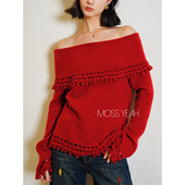 Moss烨 复古镂空钩花花边一字肩羊绒毛衣两色 绒