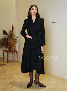 Moss烨〓设计师〓黑色斜纹双排扣系带西装/不规则伞裙/高腰阔腿裤