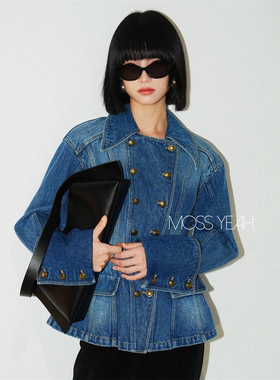 Moss烨 现货〓设计师〓复古水洗牛仔蓝双排扣宫廷收腰牛仔外套