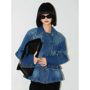 Moss烨 现货〓设计师〓复古水洗牛仔蓝双排扣宫廷收腰牛仔外套