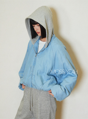Moss烨 现货浅蓝色天丝 连帽短款夹克夹棉棉服外套