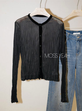 Moss烨 〓设计师〓黑色丝绒包边 褶皱网纱圆领排扣长袖开衫衬衫