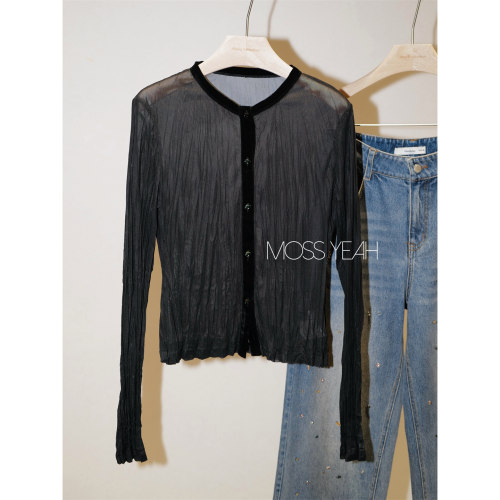 Moss烨 〓设计师〓黑色丝绒包边 褶皱网纱圆领排扣长袖开衫衬衫