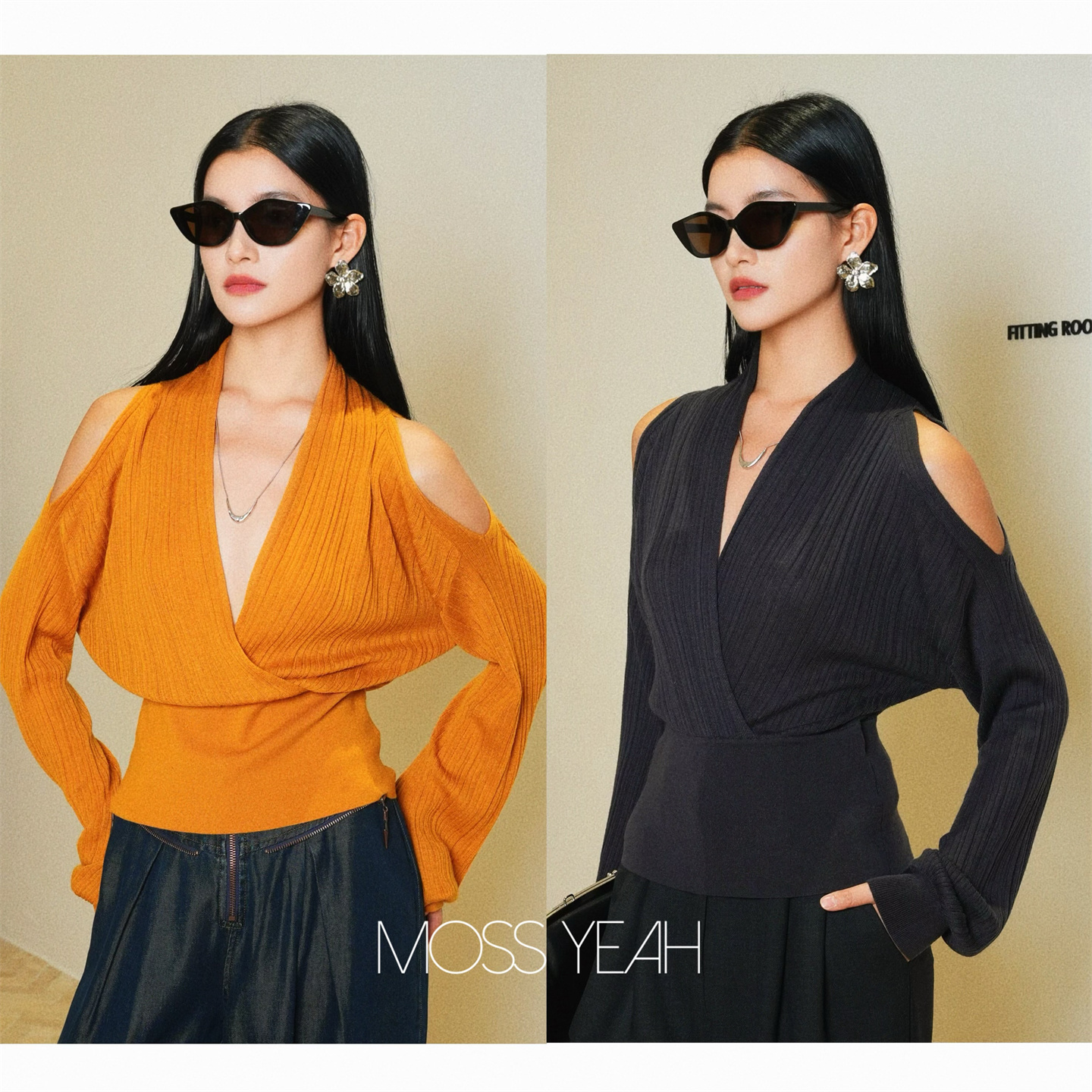 Moss烨 〓设计师〓三色 包裹式V领露肩坑条收腰下摆羊毛针织衫