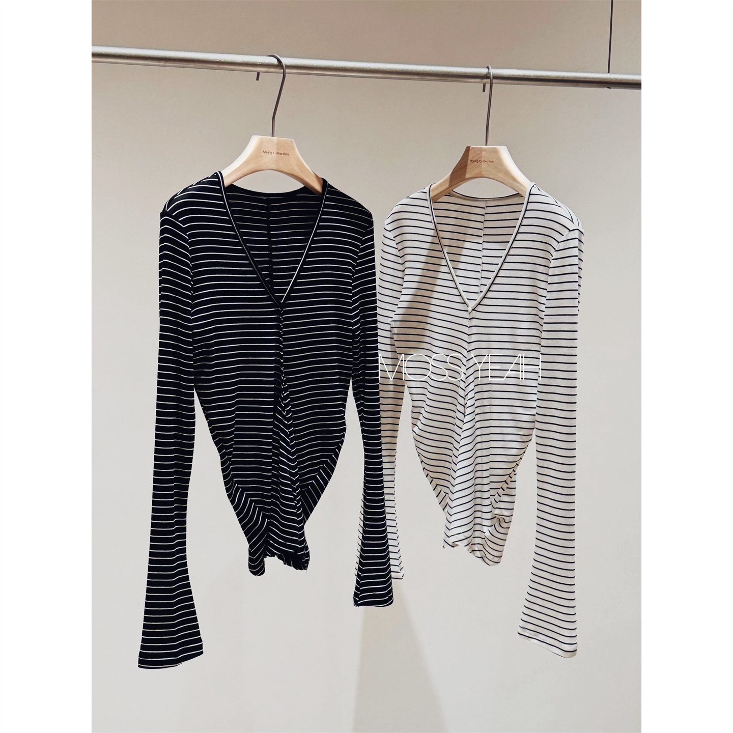 Moss烨〓设计师〓莱赛尔羊毛 深V条纹显瘦高弹喇叭袖T恤