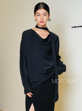 Moss烨现货〓设计师〓弹力桑蚕丝 黑色荡领长飘带蝙蝠袖衬衫