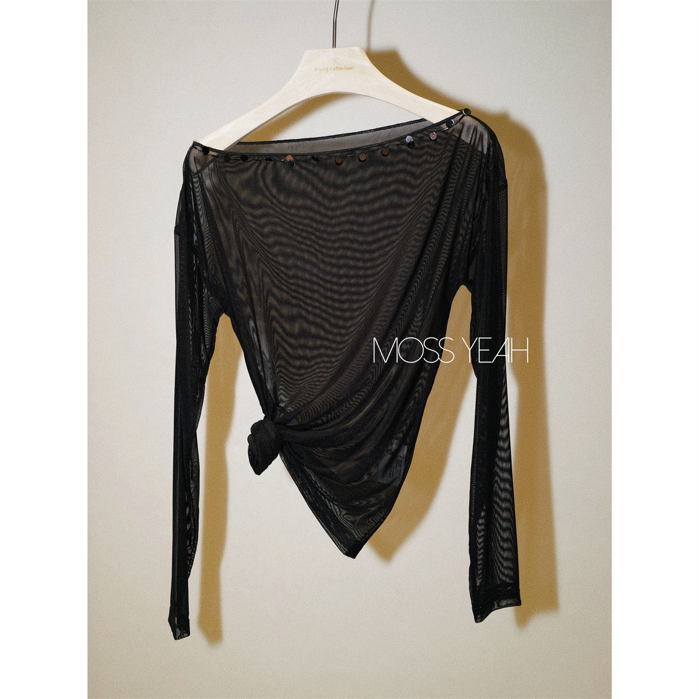 Moss烨 黑色一字肩亮片弹力网纱长袖罩衫上衣