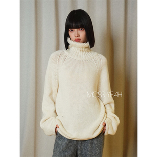 白色毛边高领廓形羊绒毛衣 大克重棒针 Moss烨 绒