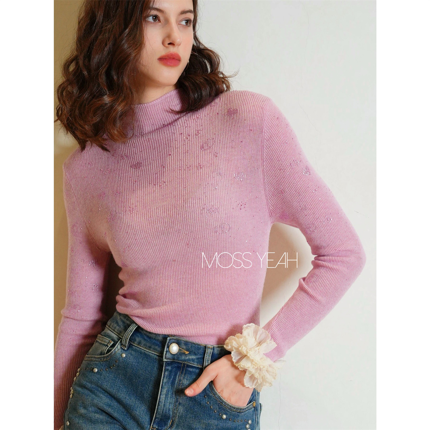 Moss烨〓设计师〓三色弹力烫钻亮丝 花边袖羊毛混纺半高领针织衫