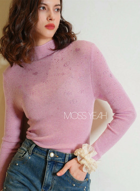 Moss烨〓设计师〓三色弹力烫钻亮丝 花边袖羊毛混纺半高领针织衫