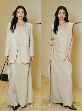 Moss烨现货〓设计师〓肌理亚麻V领西装/开叉背心/阔腿裤/系带围裙