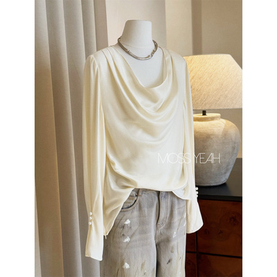 Moss烨〓设计师〓铜氨丝人棉 白色荡领包扣喇叭袖抽褶衬衫上衣