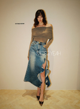 Moss烨 〓设计师〓前开叉荷叶边 显瘦鱼尾牛仔裙C