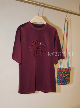 Moss烨〓设计师〓精致钉珠亮片大象刺绣 紫红宽松短袖T恤
