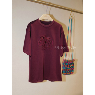 Moss烨 精致钉珠亮片大象刺绣 紫红宽松短袖 T恤 设计师