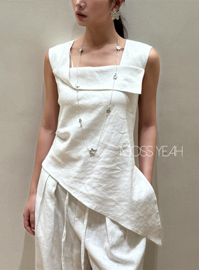 Moss烨 现货〓设计师〓亮丝涂层亚麻 白色翻折翻领开叉斜收腰背心