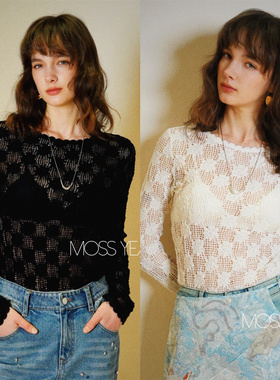 Moss烨 〓设计师〓三色 镂空钩花 花边圆领长袖针织衫