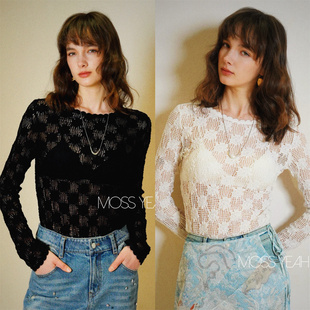 Moss烨 〓设计师〓三色 镂空钩花 花边圆领长袖针织衫