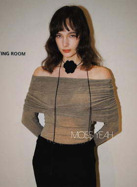 Moss烨 〓设计师〓羊毛混纺 弹力一字肩长袖T恤上衣