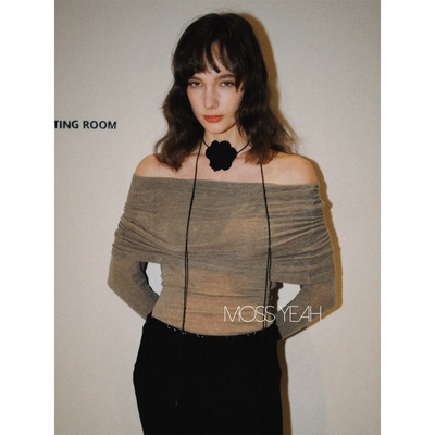 Moss烨 〓设计师〓羊毛混纺 弹力一字肩长袖T恤上衣