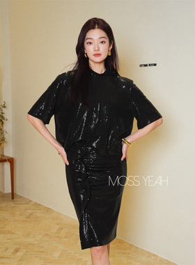 Moss烨 现货〓设计师〓黑色亮片 中领短袖上衣荷叶边铅笔裙套装