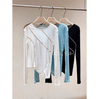 Moss烨〓设计师〓三色 空气棉纱 流线撞色薄款斜边长袖T恤