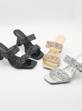 欧美水钻带方头高跟鞋女2025新款仙女外穿水晶跟高跟鞋防水台凉拖