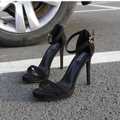 夏季 百搭黑色法式 韩版 艺考新款 性感一字带高跟凉鞋 气质时尚 高跟鞋