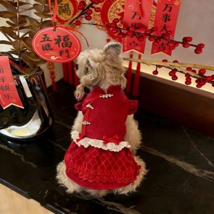 宠物衣服秋冬新款喜庆保暖拜年服裙子泰迪比熊狗狗猫咪新年服