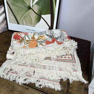超美手绘11支亚麻流苏毯桌布床尾毯筋骨纯麻刺绣休闲盖毯140+180