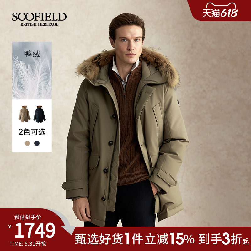 SCOFIELD男装25年冬季新款工装派克大衣中长款连帽鸭绒羽绒服