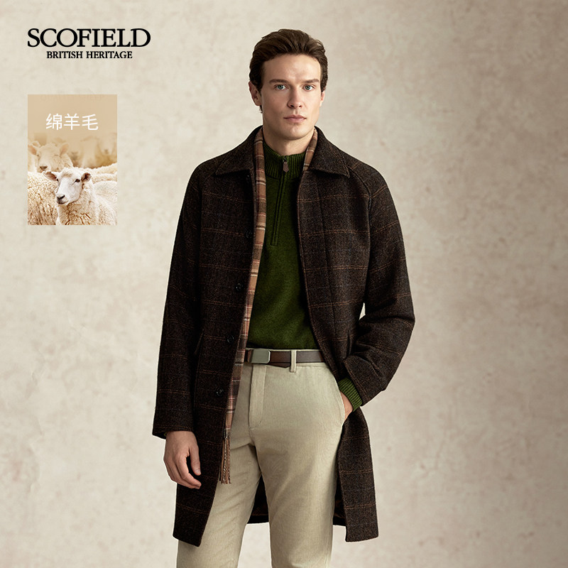 【100%绵羊毛】SCOFIELD男装英伦风粗花呢复古插肩袖毛呢大衣外套