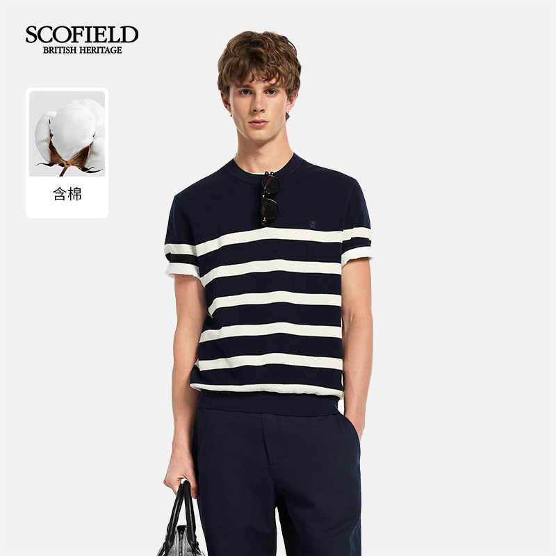 SCOFIELD男士26年夏季新款通勤宽松休闲条纹短袖舒适毛衣针织T恤