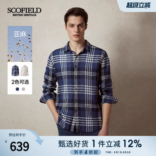 SCOFIELD男士25夏季新品简约透气亚麻时尚休闲长袖经典格纹衬衫