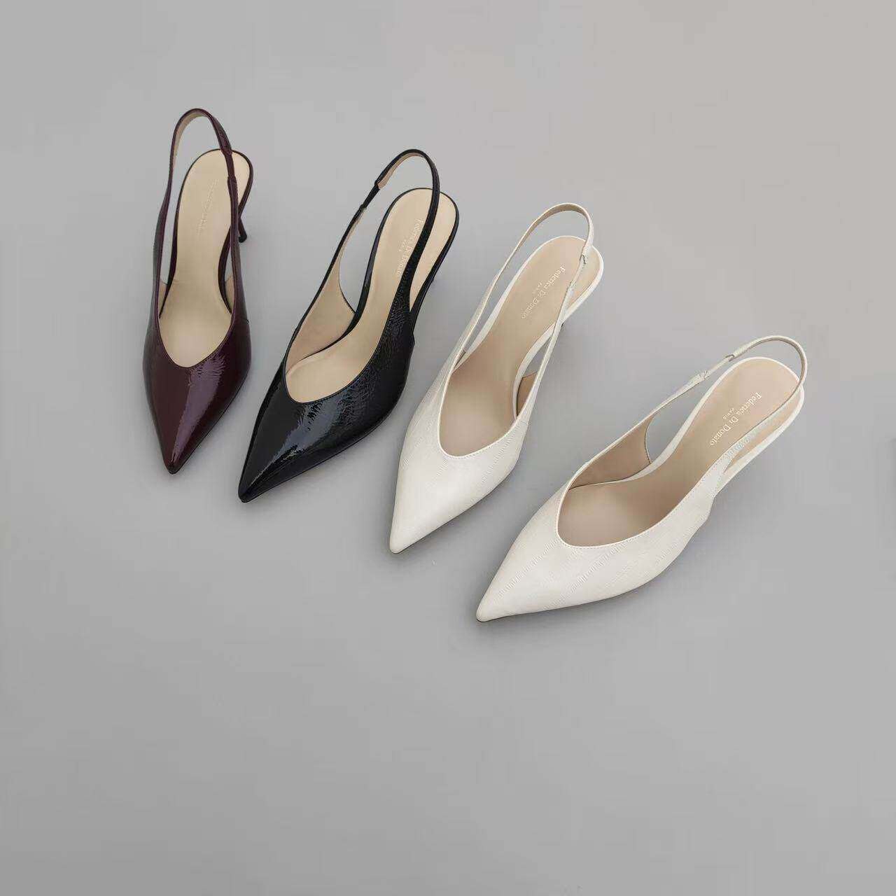 台款 新款防滑鞋底细跟牛漆皮后弹性带包头尖头高跟女凉鞋子