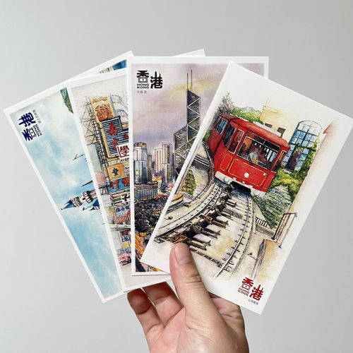 香港手绘明信片10张创意景点礼物
